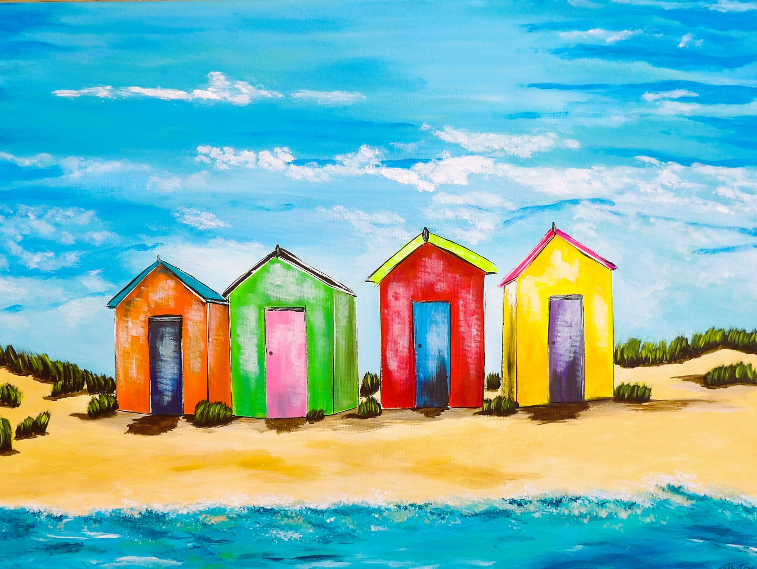 60 x 45 cm canvas original acrylic beach hut