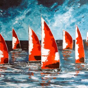 Original acrylic red boats on 40 x 50cm canvas