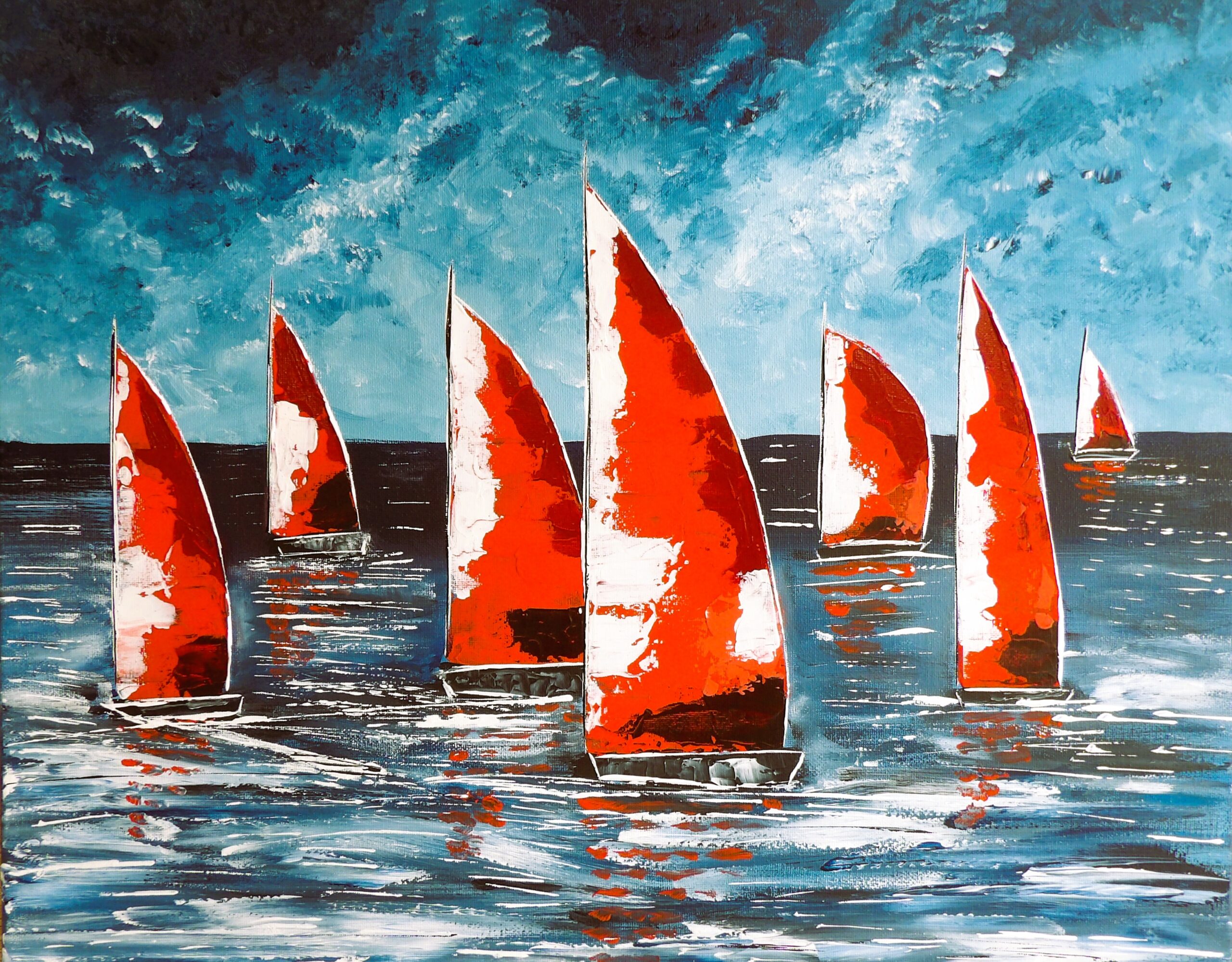 Original acrylic red boats on 40 x 50cm canvas