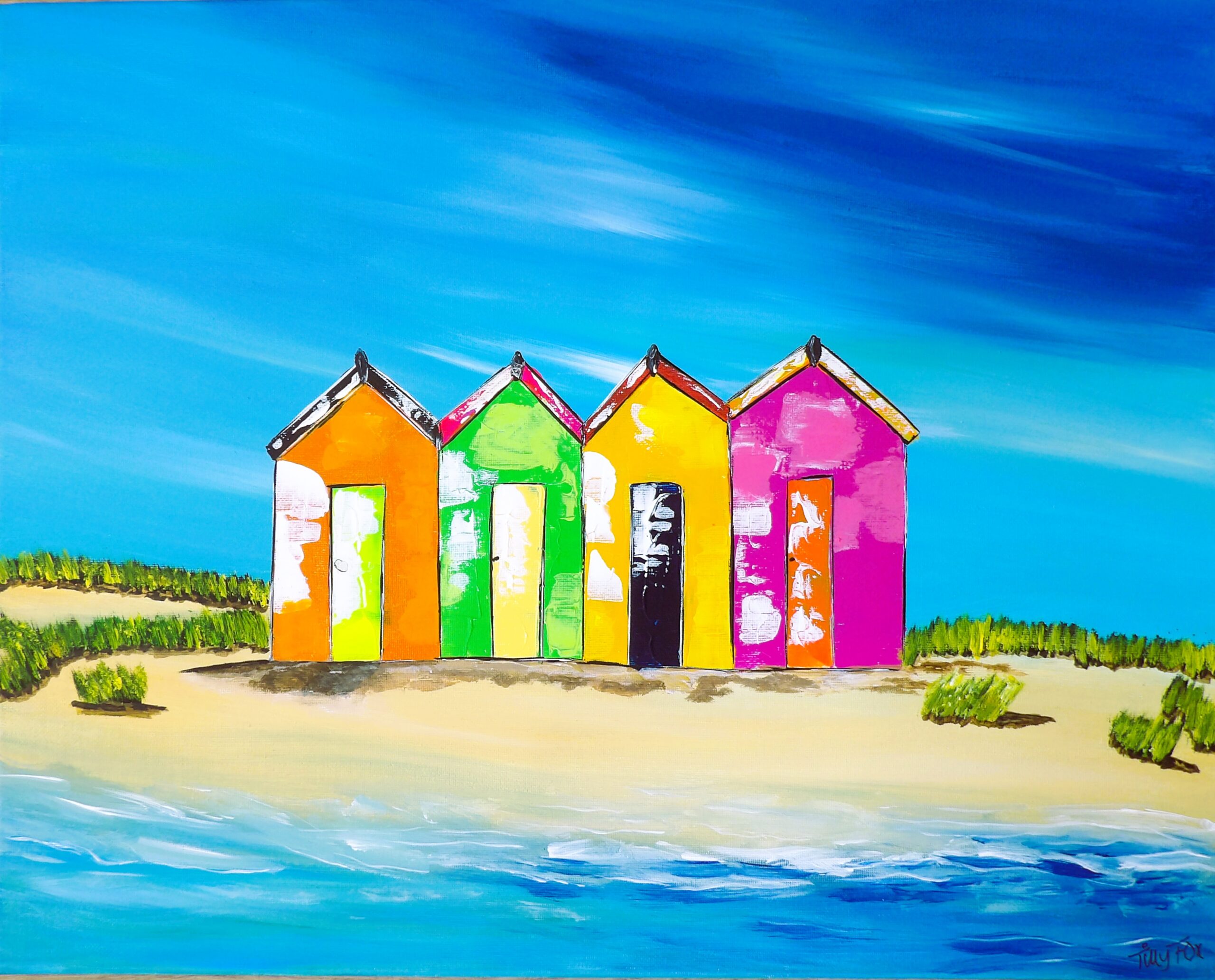 Original acrylic on 40 x 50cm canvas beach huts
