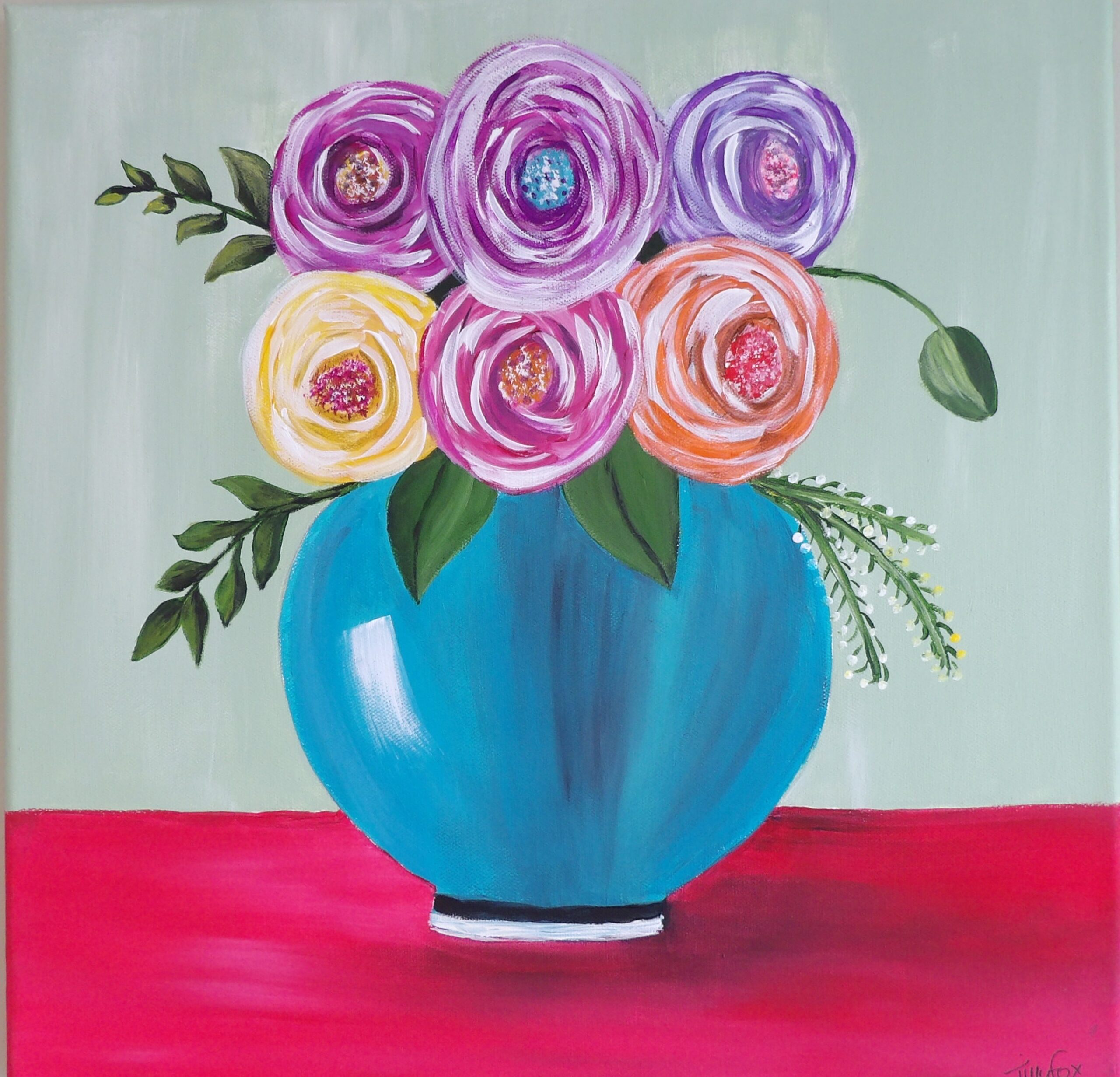 Flowers in a blue vase on 40 x 40cm