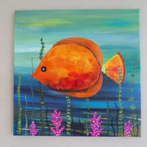The Orange Fish with flowers on 40 x 40cm canvas