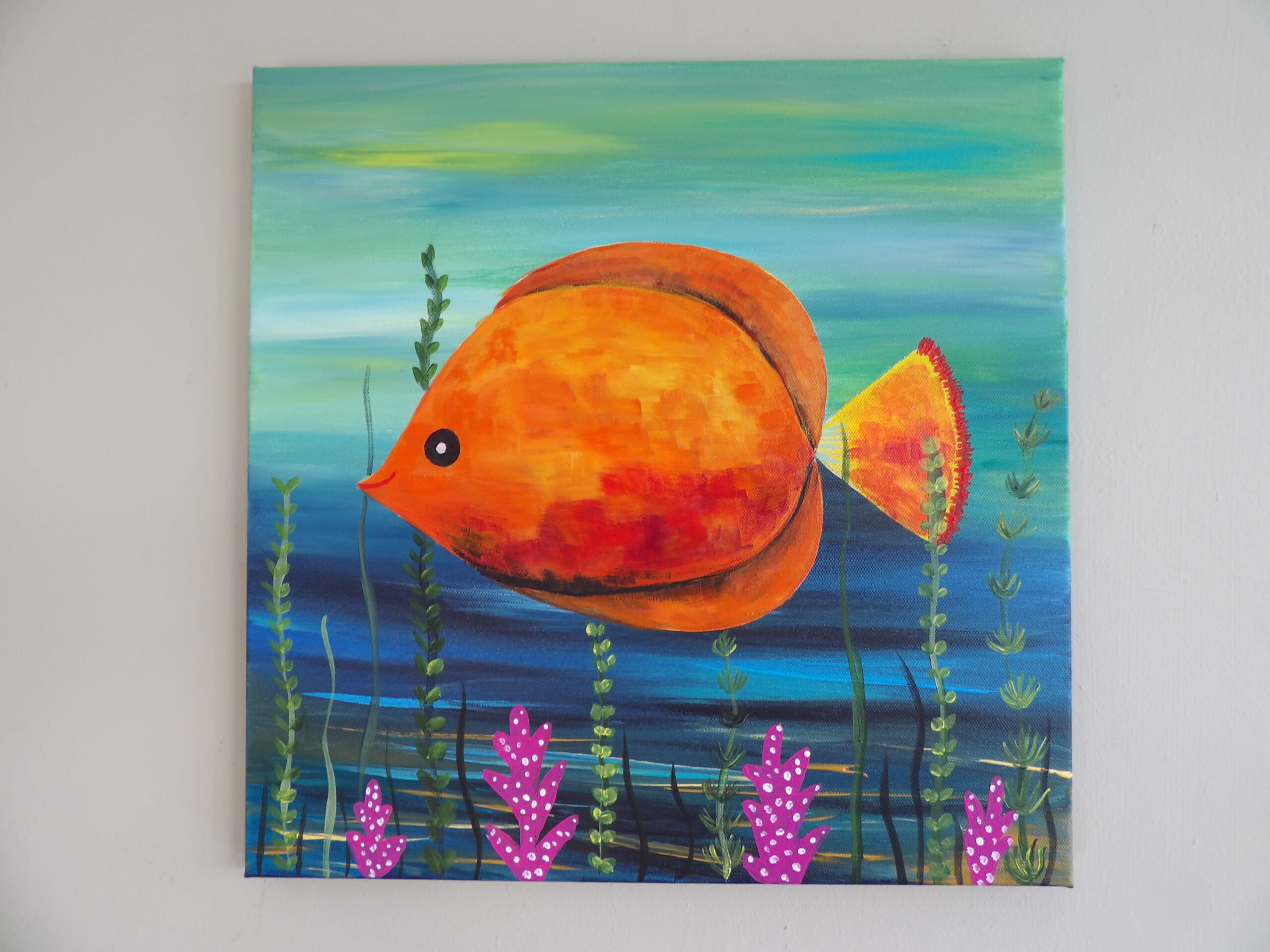 The Orange Fish with flowers on 40 x 40cm canvas