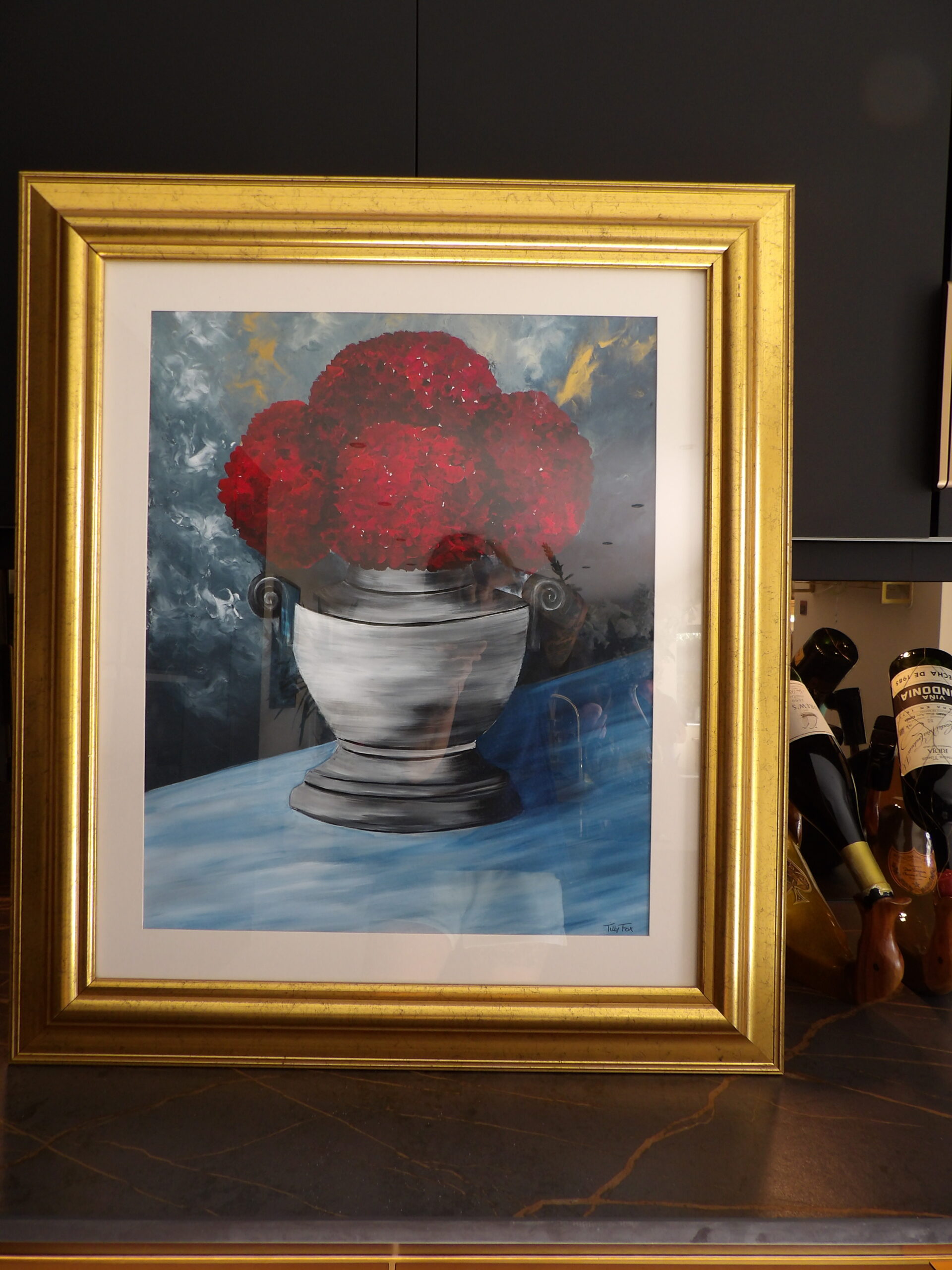 Original Grey Vase in a Distressed Gold Frame 71 x 81cm